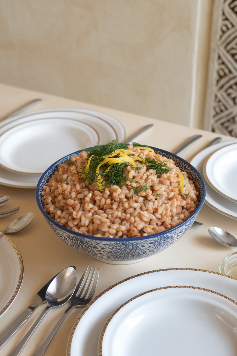 An indoor dining table with a bowl of cooked farro studded with chopped parsley, dill, and lemon zest. No text or logos. Photo only.