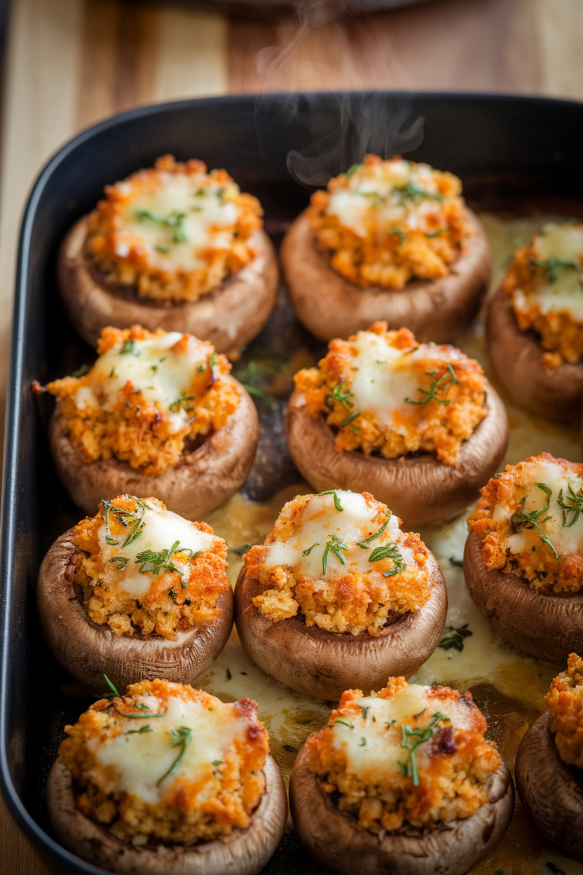 Photo of an indoor baking dish filled with golden brown stuffed cremini mushrooms topped with melted parmesan, steam faintly visible. No text or logos anywhere.