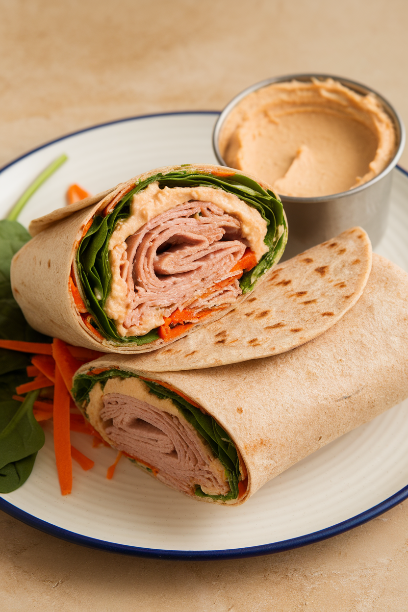 Indoor lunch scene with a whole-wheat wrap sliced in half, revealing turkey, hummus, spinach, and shredded carrots. No text or logos visible; photo.
