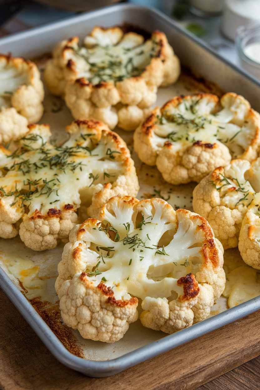 An indoor sheet pan holding thick cauliflower slices topped with melted Parmesan and herbs, cheese edges browned. No text or logos. Photo.