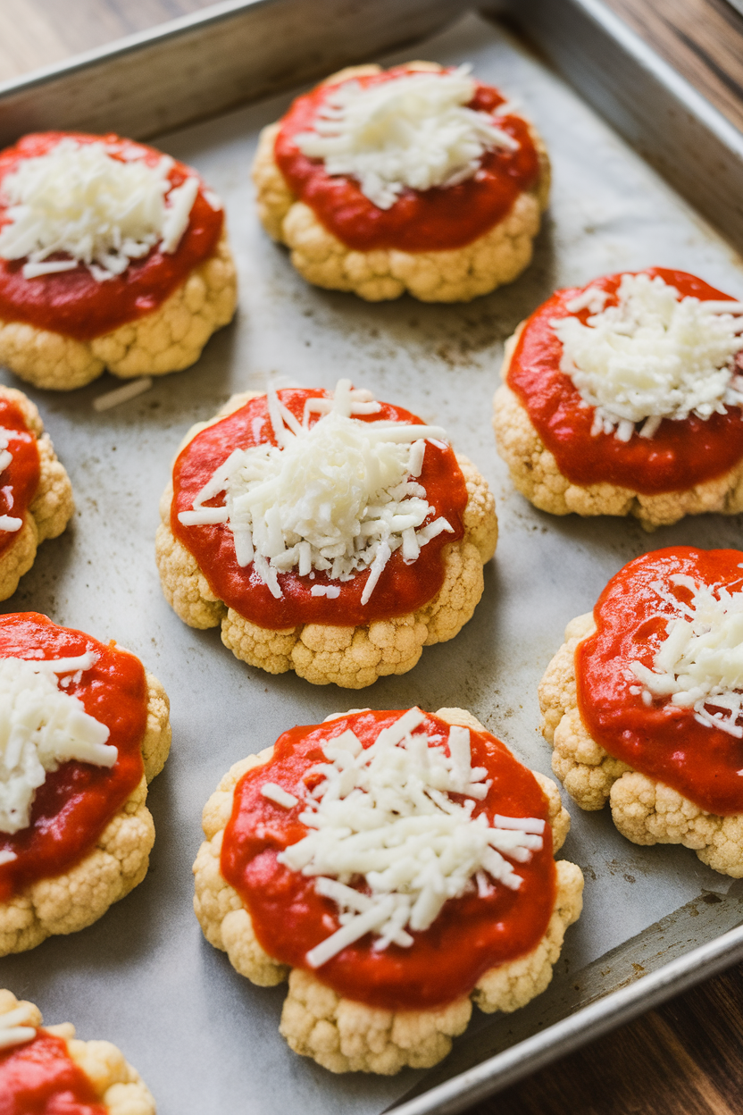 Indoor baking sheet of small round cauliflower crusts topped with marinara and mozzarella—photo, no text or logos.