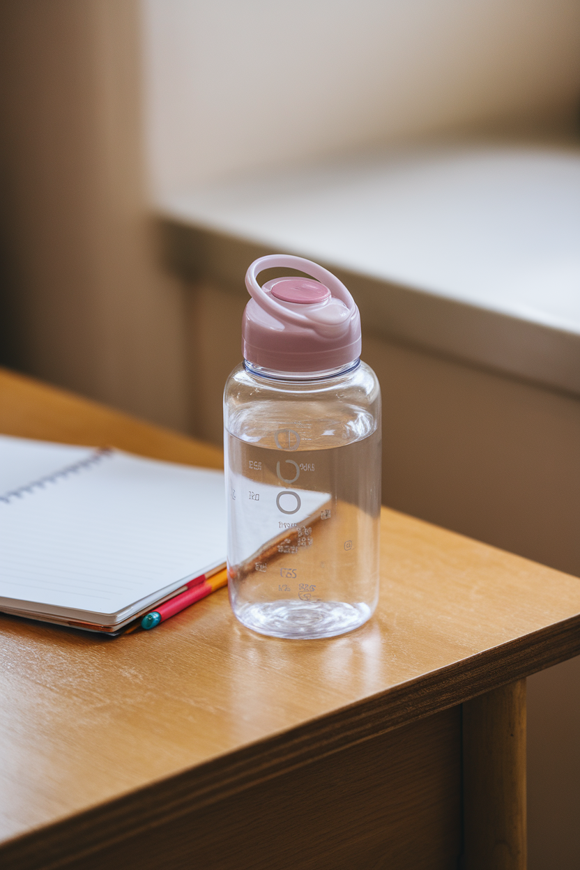 Indoor photo of a clear kid-sized reusable water bottle on a wooden table beside a homework notebook, soft natural light, no text or logos
