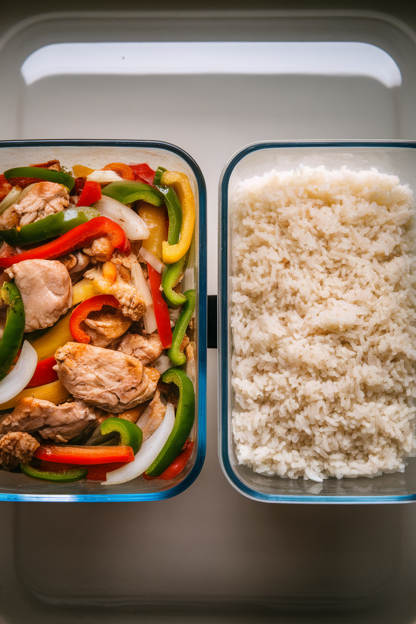 Two identical glass containers holding chicken stir-fry and rice side by side, indoor photo, no text or logos