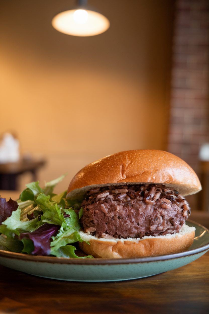 Photo of a cooked elk burger with visible wild rice grains, served on a plate with mixed green salad, warm indoor lighting; no text or logos; photo, not illustration