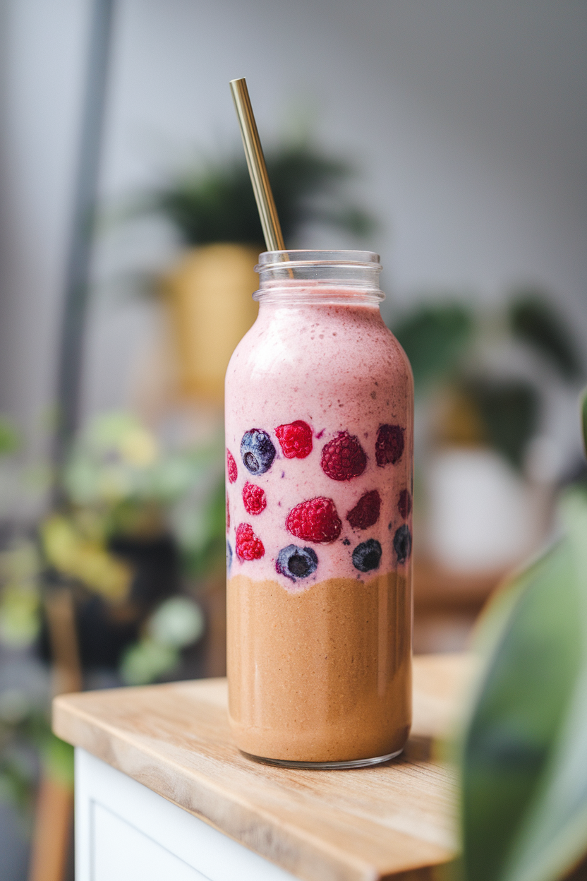 An indoor setup with a tall glass bottle containing a layered peanut butter and berry smoothie resembling PB&J colors. Photo, no text or logos.