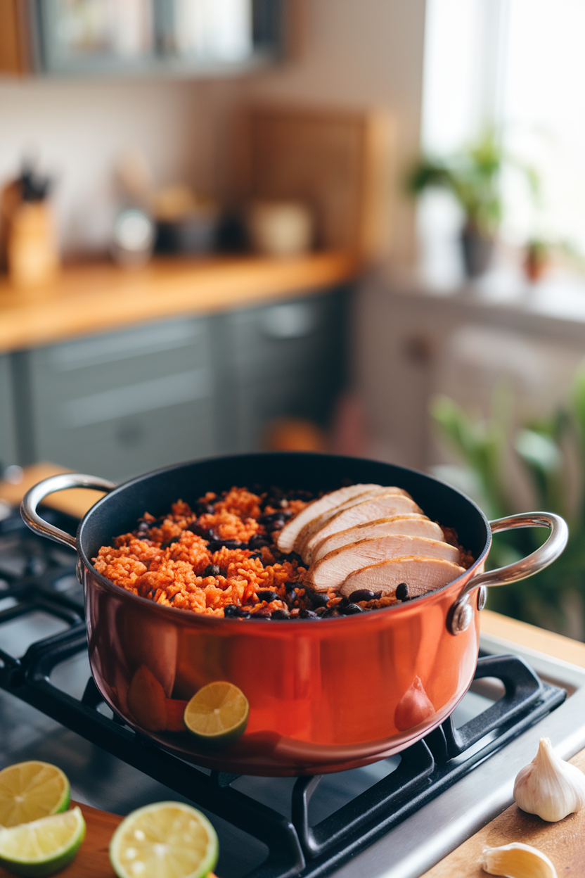 Indoor stovetop pot filled with tomato-colored rice, black beans, and sliced chicken breast, photographed from slightly overhead. No text or logos.