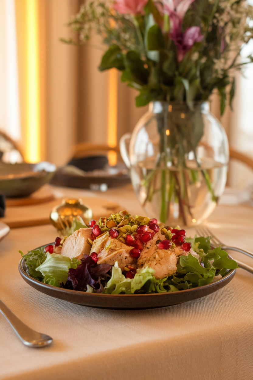 Indoor dining table featuring a plate of mixed greens, cooked chicken pieces, pomegranate arils, and chopped pistachios — photo, no logos