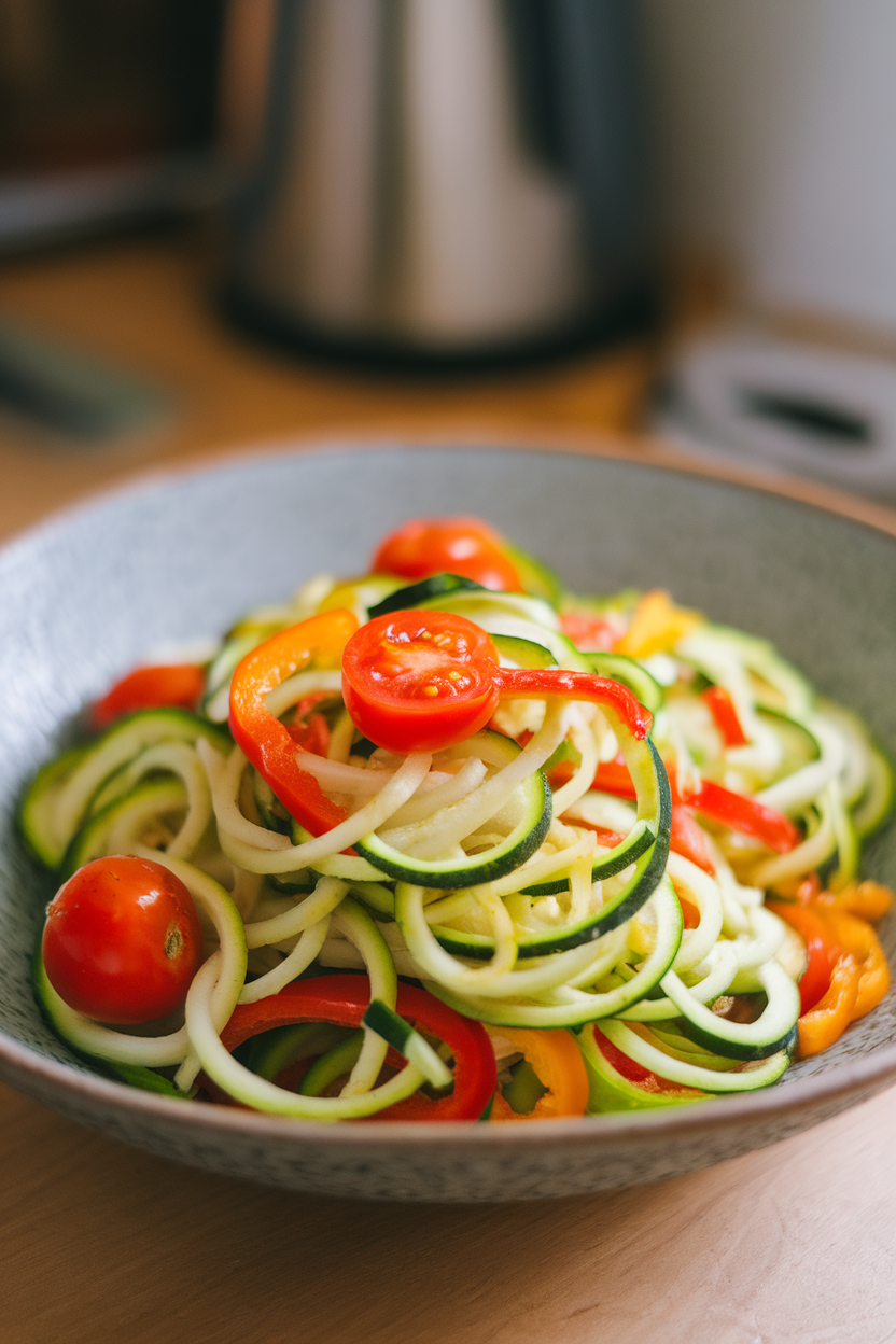 A shallow indoor bowl of spiralized zucchini noodles tossed with colorful bell peppers and cherry tomatoes, light sauce glistening. No logos or text. Photo only.