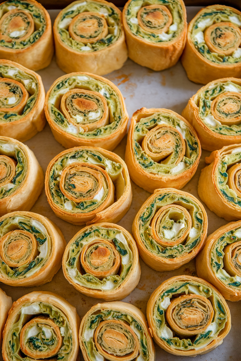 An indoor baking sheet lined with golden puff pastry pinwheels showing creamy green and white spinach-artichoke filling in the spirals, photographed overhead. No text or logos anywhere.
