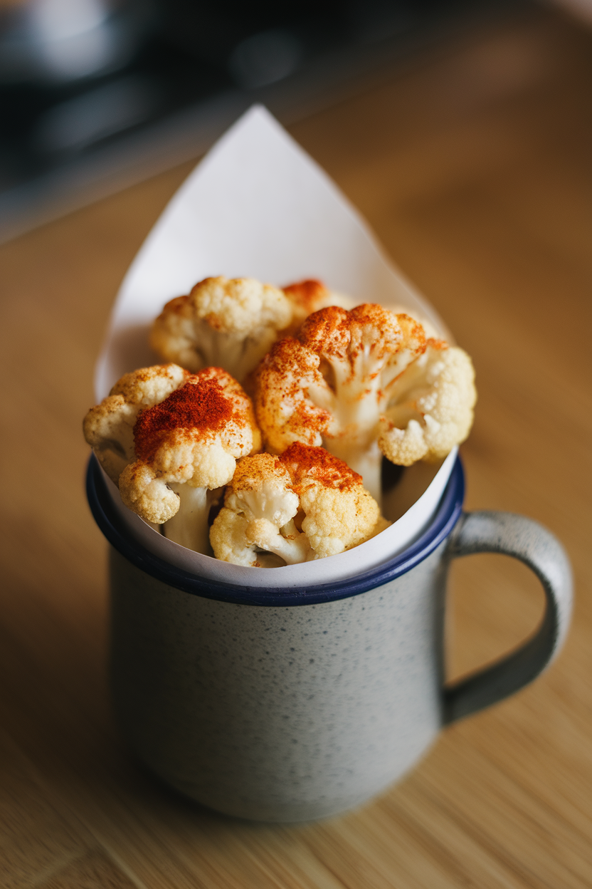 Indoor photo of small cauliflower florets roasted to golden crisp, dusted with smoked paprika, served in a paper cone inside a mug. No text or logos.