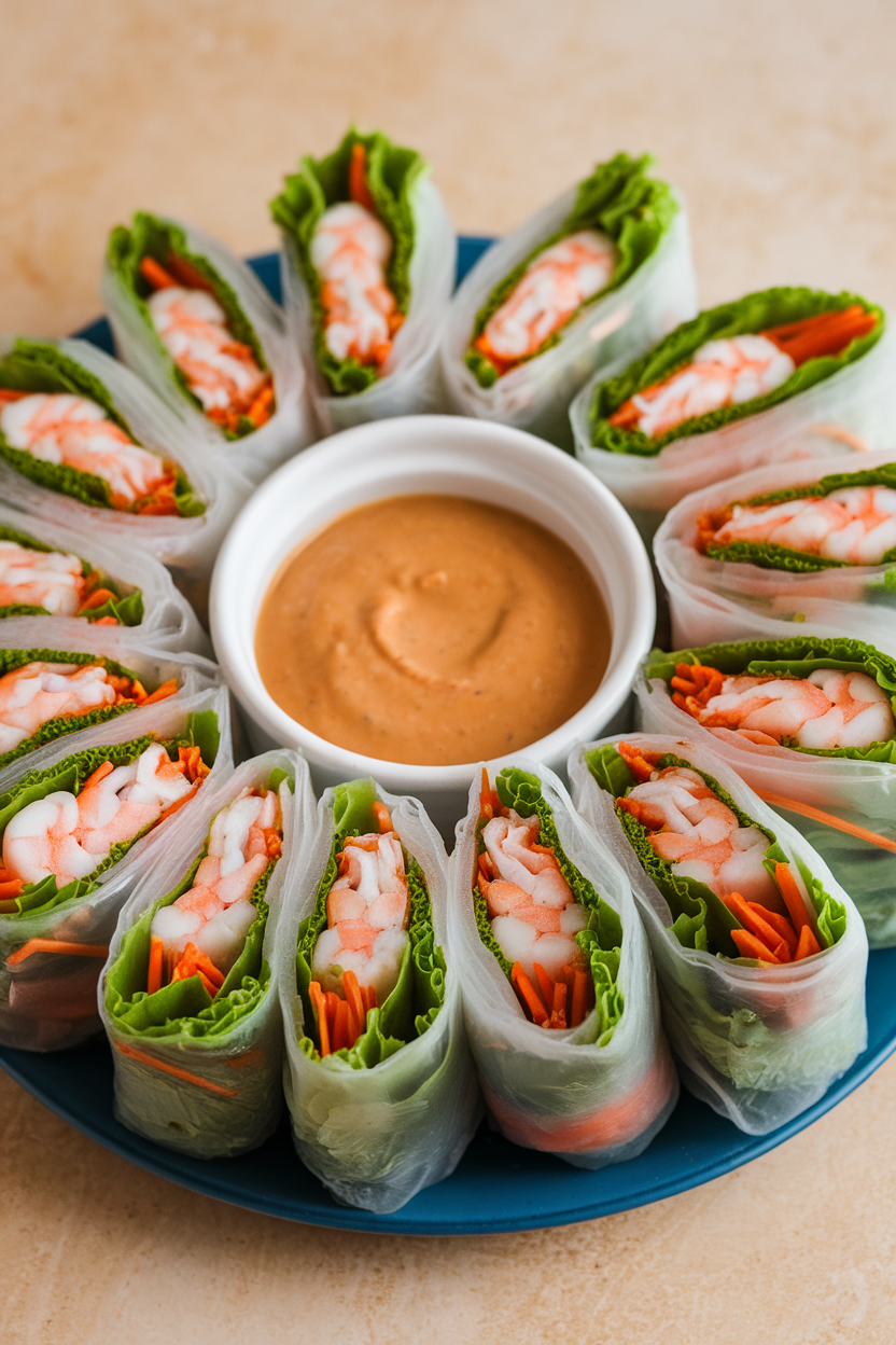 Indoor photo of a plate holding translucent rice-paper rolls stuffed with shrimp, lettuce, carrots, and mint, served with a small bowl of peanut dipping sauce. No text or logos.