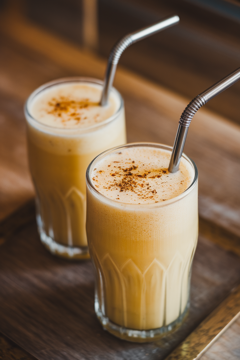 Photo prompt: An indoor close-up of two frothy yellow lassi glasses with metal straws, sprinkled lightly with ground pepper. No text or logos.