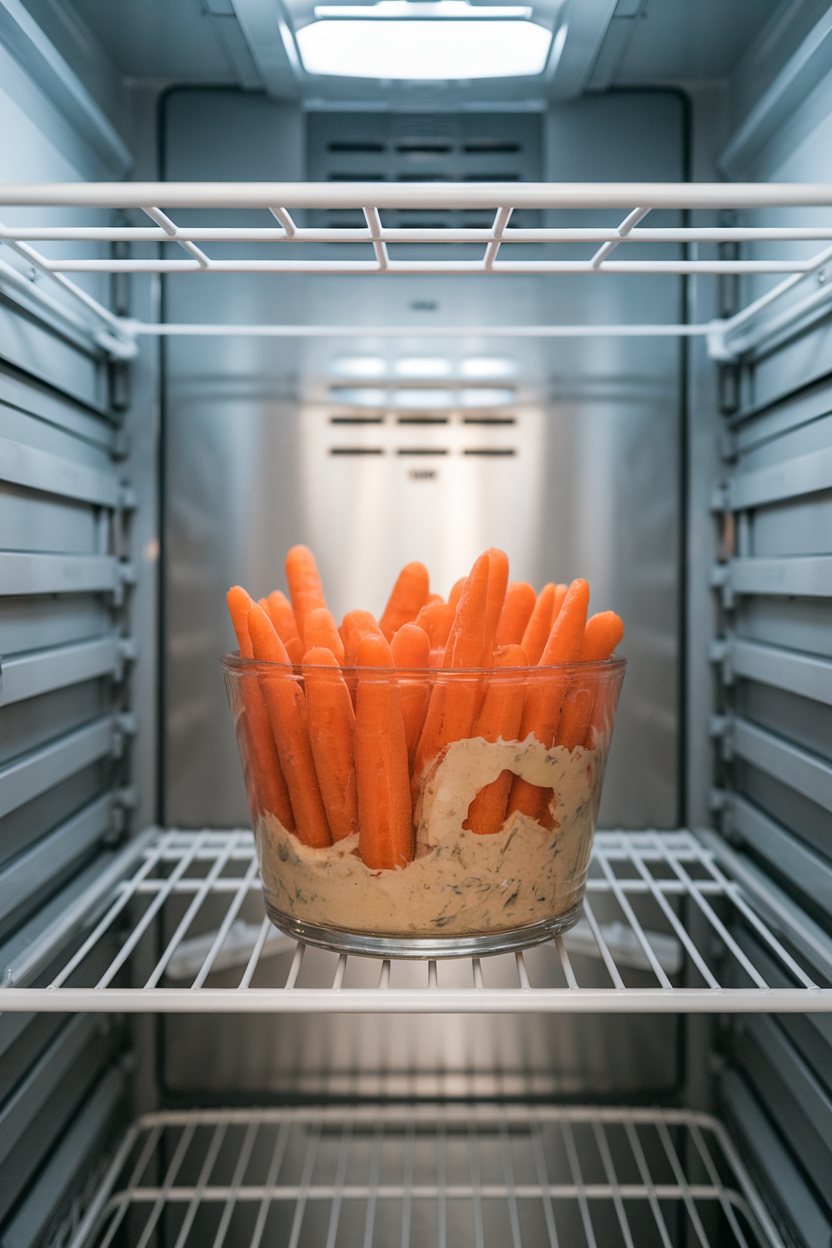 A clear glass container of baby carrots and hummus placed front-and-center in a refrigerator, indoor lighting; no text or logos; photo