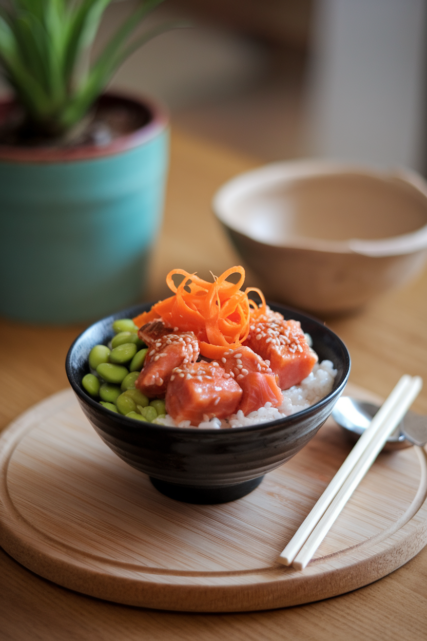 An indoor dining table featuring a rice bowl topped with glazed salmon chunks, edamame, carrot ribbons, and sesame seeds. No text or logos present. Photo.