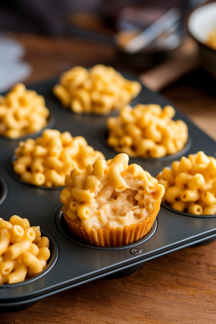 An indoor muffin tin holding golden vegan mac and cheese cups, one pulled out to show creamy pasta inside. No text or logos anywhere.