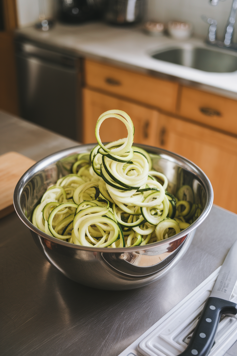 Photo, indoor kitchen island featuring a spiralized heap of zucchini noodles in a stainless bowl, overhead light, no text or logos.