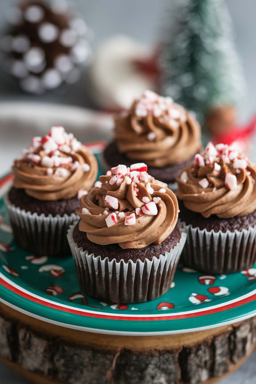 Photo of chocolate cupcakes with mocha frosting and crushed peppermint garnish, indoors on a holiday-themed plate; no text or logos.