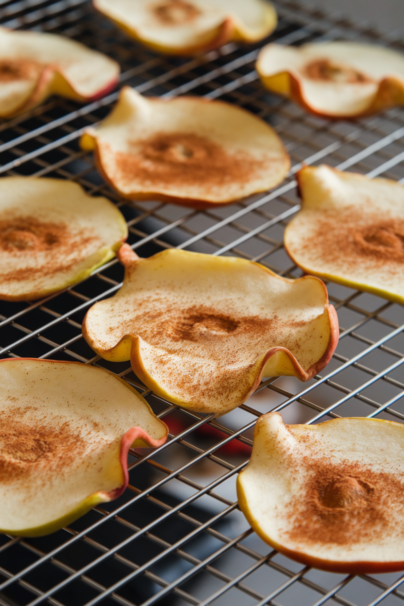 An indoor baking rack with thin baked apple chips sprinkled with cinnamon, slightly curled edges. No text or logos.