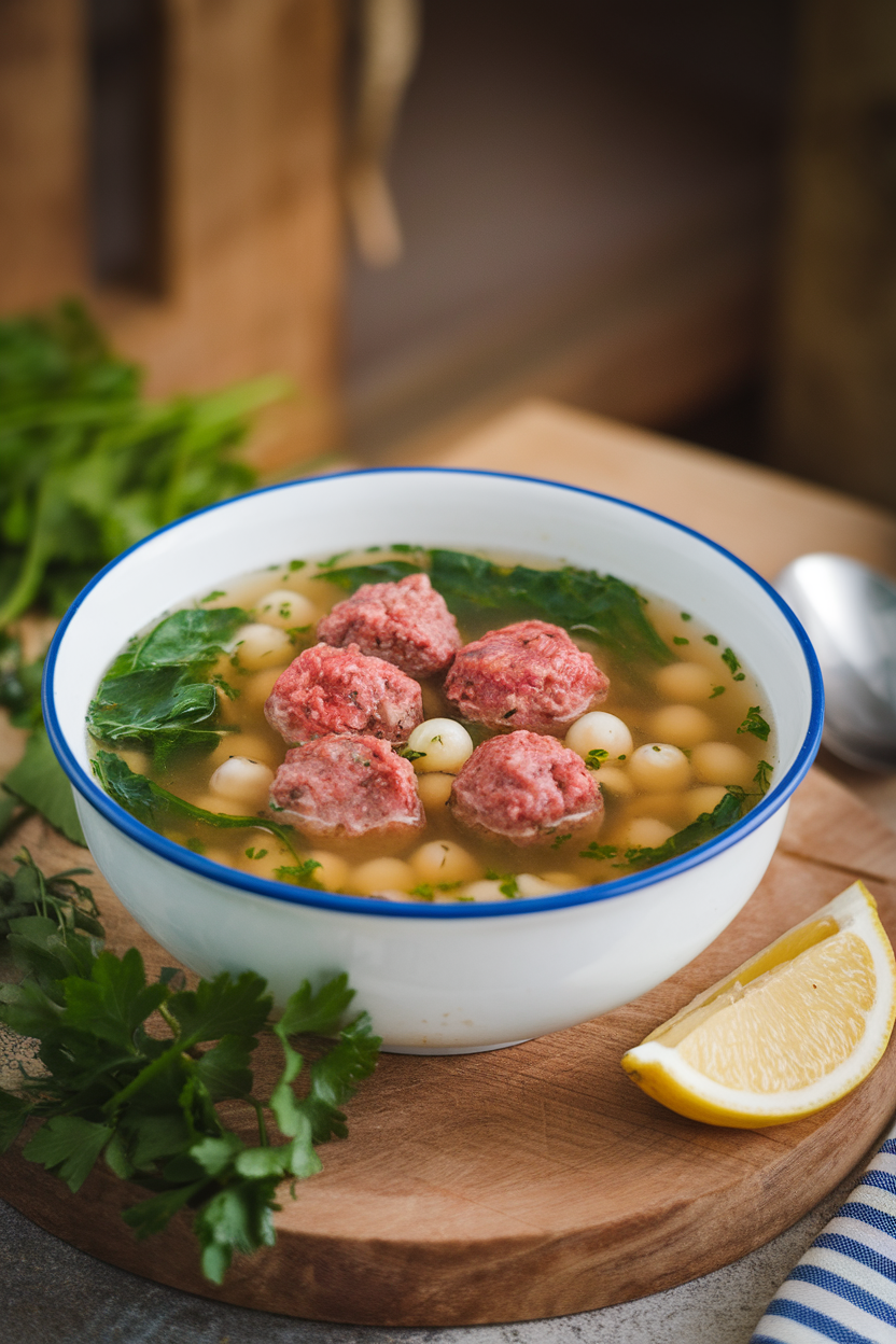 Indoor soup bowl containing small beef meatballs, spinach, and tiny pasta pearls in clear broth—no text or logos.