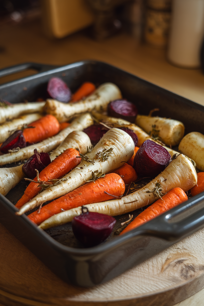 Photo of mixed roasted parsnips, carrots, and beets in a baking dish under warm light, no text or logos.