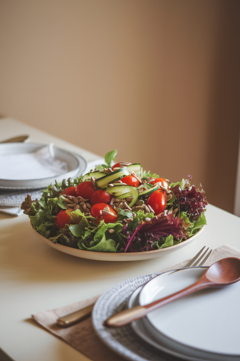 Photo of an indoor kitchen table featuring a vibrant mixed-greens salad topped with cherry tomatoes, cucumber ribbons, and sunflower seeds, shot in soft natural light. No text or logos anywhere in the scene.