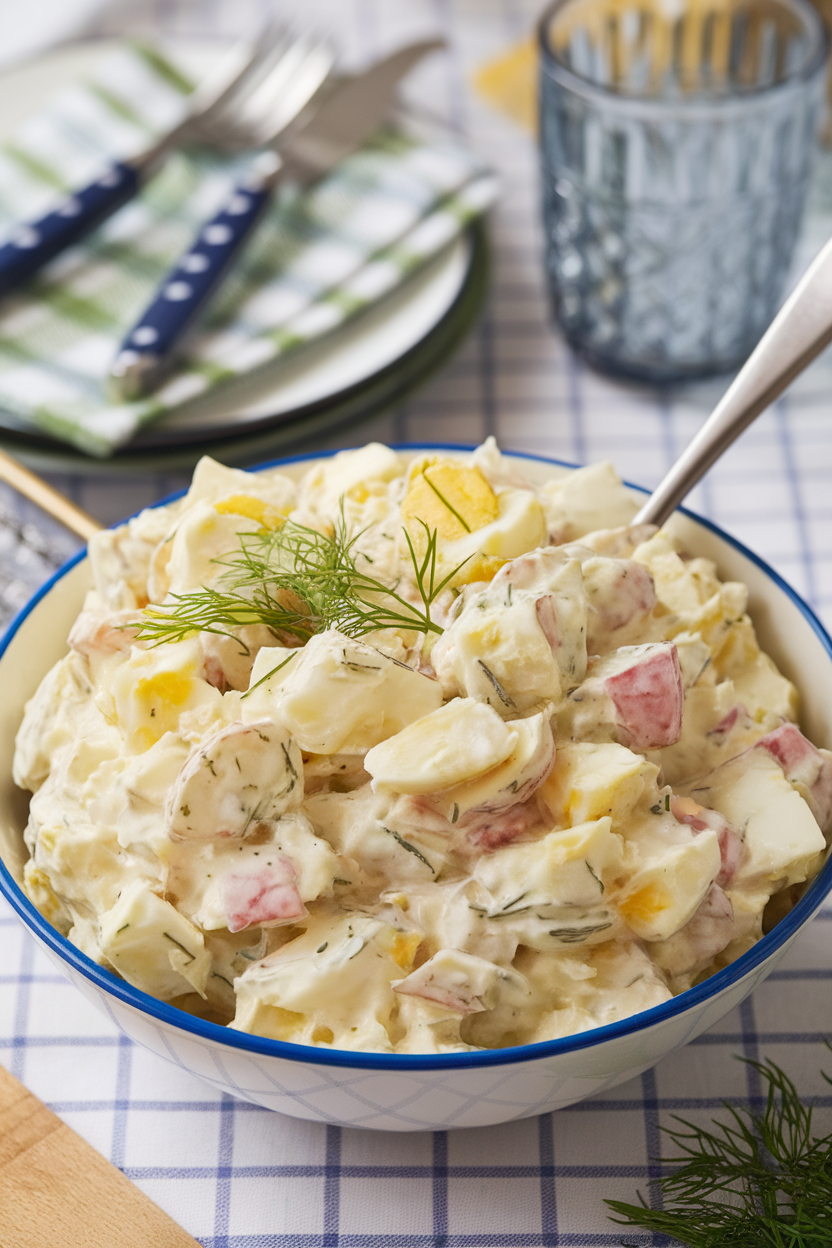 Indoor picnic-style bowl of creamy potato salad flecked with dill and chopped eggs, spoon inserted. No text or logos. Photo only.