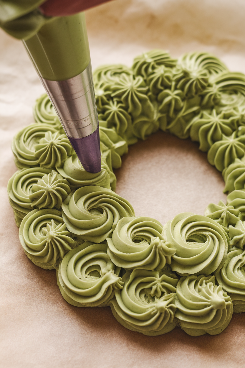 Indoor piping shot of green matcha buttercream rosettes forming a wreath on parchment, no text or logos