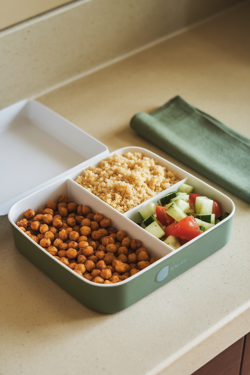 An indoor countertop showing a divided container filled with spiced roasted chickpeas, fluffy couscous, and a side of chopped cucumber-tomato salad. No text or logos.