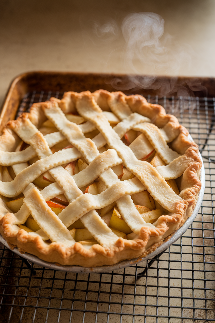 Indoor photo of a lattice-topped apple pie on a cooling rack, steam still wafting, no text or logos