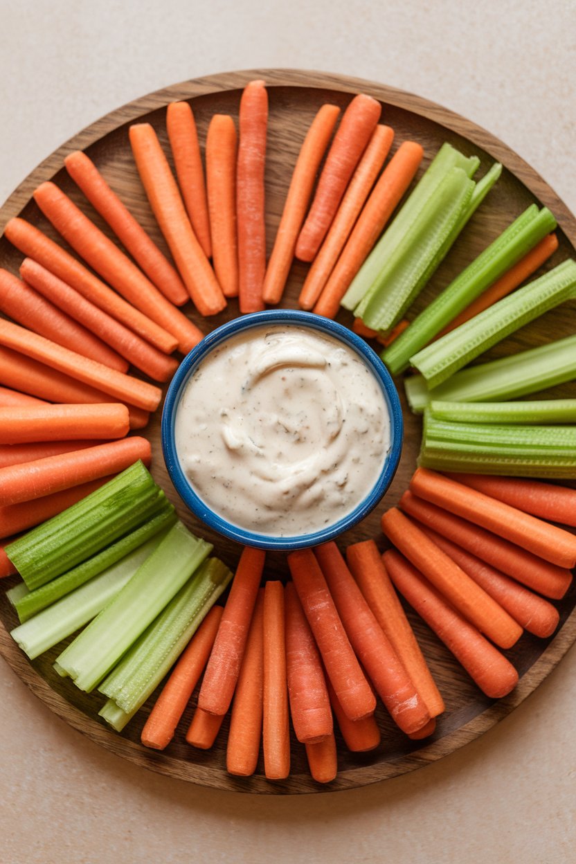 Indoor tray of carrot and celery sticks surrounding a small bowl of creamy cashew ranch dip; even light, no text or logos.