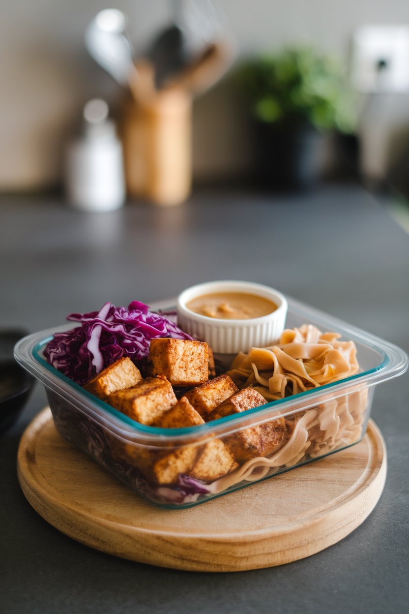 An indoor countertop holding a meal-prep container with seared tofu cubes, red cabbage slaw, brown rice noodles, and a small cup of peanut sauce. No text or logos; photo only.