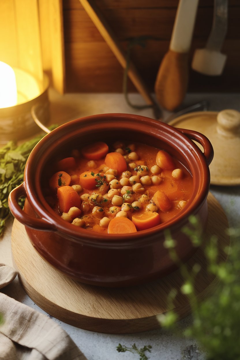 Indoor clay pot filled with carrots, chickpeas, and apricots in a spiced tomato broth; warm ambient light, no text or logos.