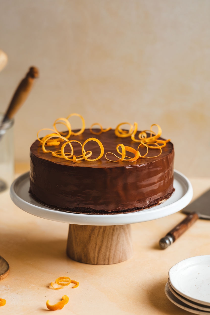 A rich flourless chocolate torte on an indoor cake stand, thin orange zest curls on top, glossy ganache coating. No text or logos.