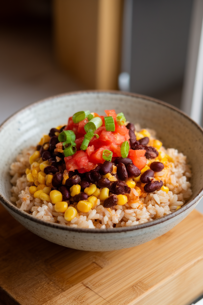 Photo of a bowl of brown rice topped with spicy black beans, corn, and diced tomatoes, garnished with green onion, indoor setting. No text or logos.</Prompt