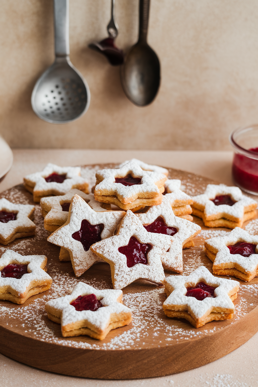 An indoor wooden board featuring linzer star cookies dusted with powdered sugar, revealing raspberry jam through cut-out centers. Photo, no text or logos.