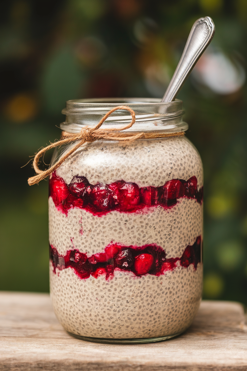 Photo of an indoor glass jar layered with creamy vanilla chia pudding and bright cranberry compote, metal spoon tied to jar. No text or logos visible.