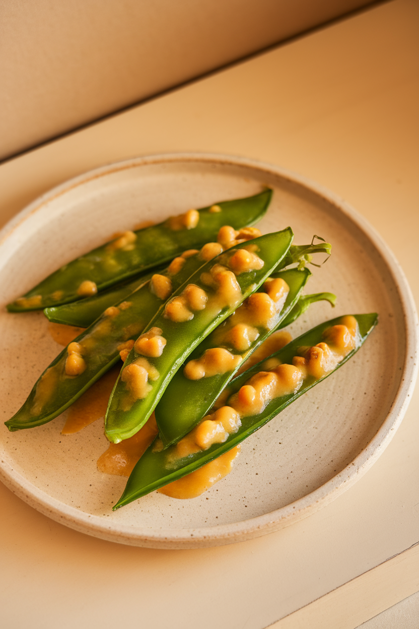 Indoor photo of vibrant snow peas coated in a light ginger glaze on a neutral ceramic plate. No text or logos.