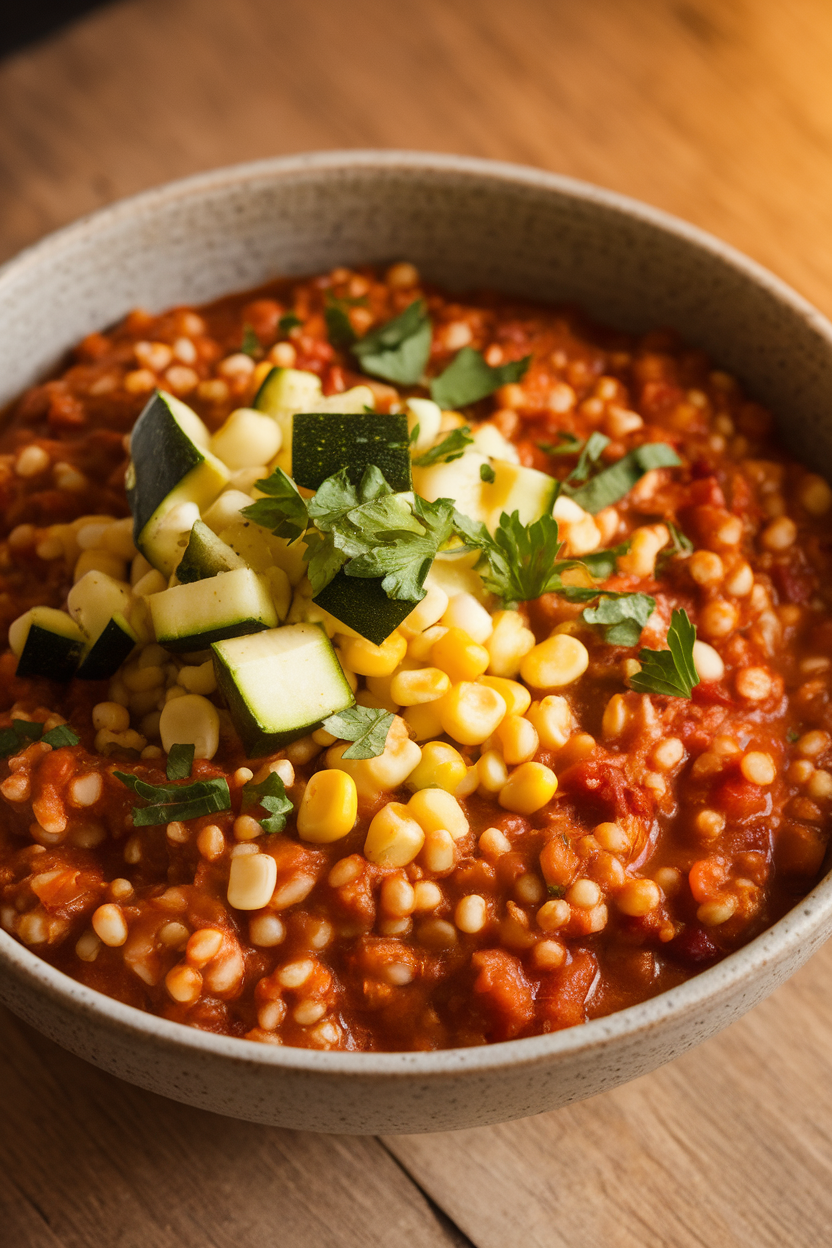 Indoor photo of vegetable chili thickened with bulgur grains, zucchini and corn visible, parsley garnish; no text or logos.