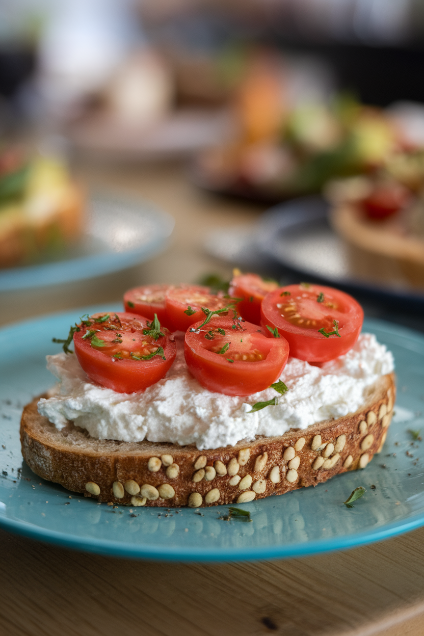 An indoor plate featuring a slice of toasted sprouted bread with a generous scoop of cottage cheese and sliced cherry tomatoes, herbs sprinkled over top. Photo, no text or logos.