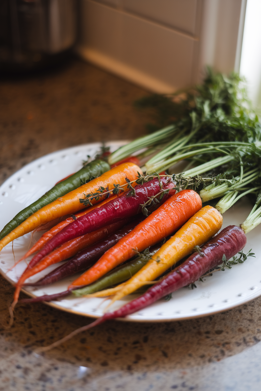 A white platter on an indoor counter holding rainbow carrots glazed with maple syrup and thyme, glistening under warm light. No text or logos. Photo.