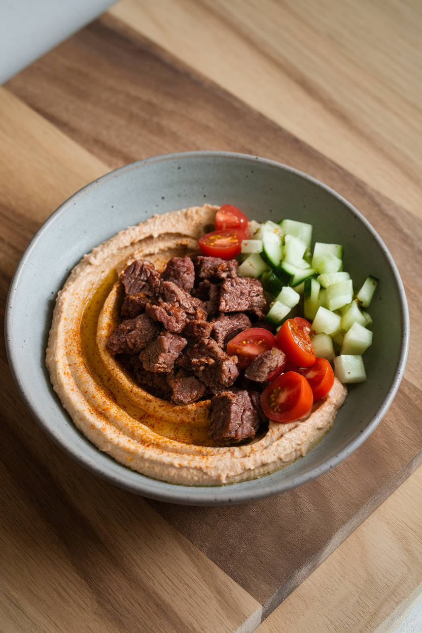 Indoor shallow bowl with a swirl of hummus, spiced beef, diced cucumber, and cherry tomatoes—no text or logos.