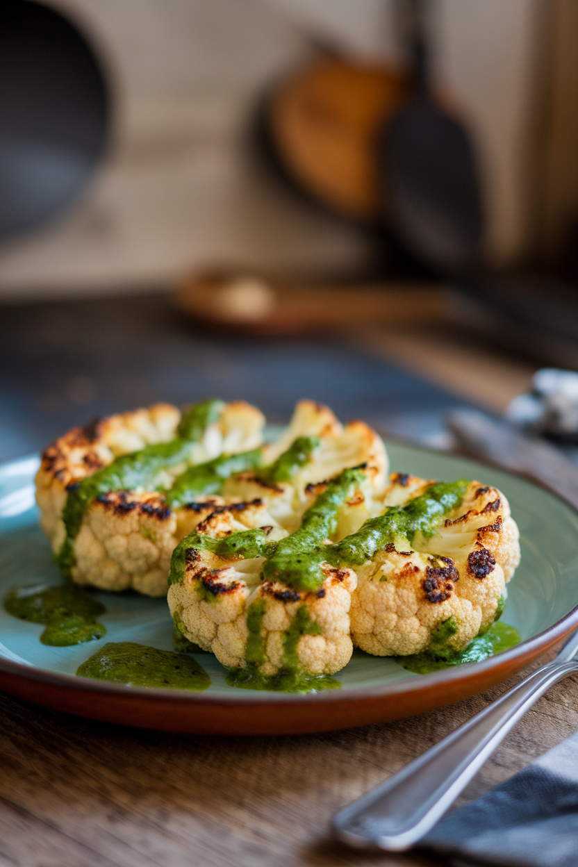 An indoor plate with two thick cauliflower “steaks” charred at the edges, drizzled with vibrant green chimichurri sauce. This should be a photo, not an illustration. No text or logos anywhere in the scene.