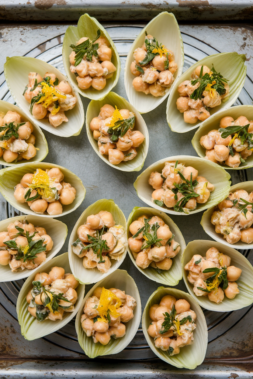 Indoor photo of endive cups filled with chickpea salad dotted with herbs and lemon zest, arranged in a circular pattern on a metal tray. No logos or text.