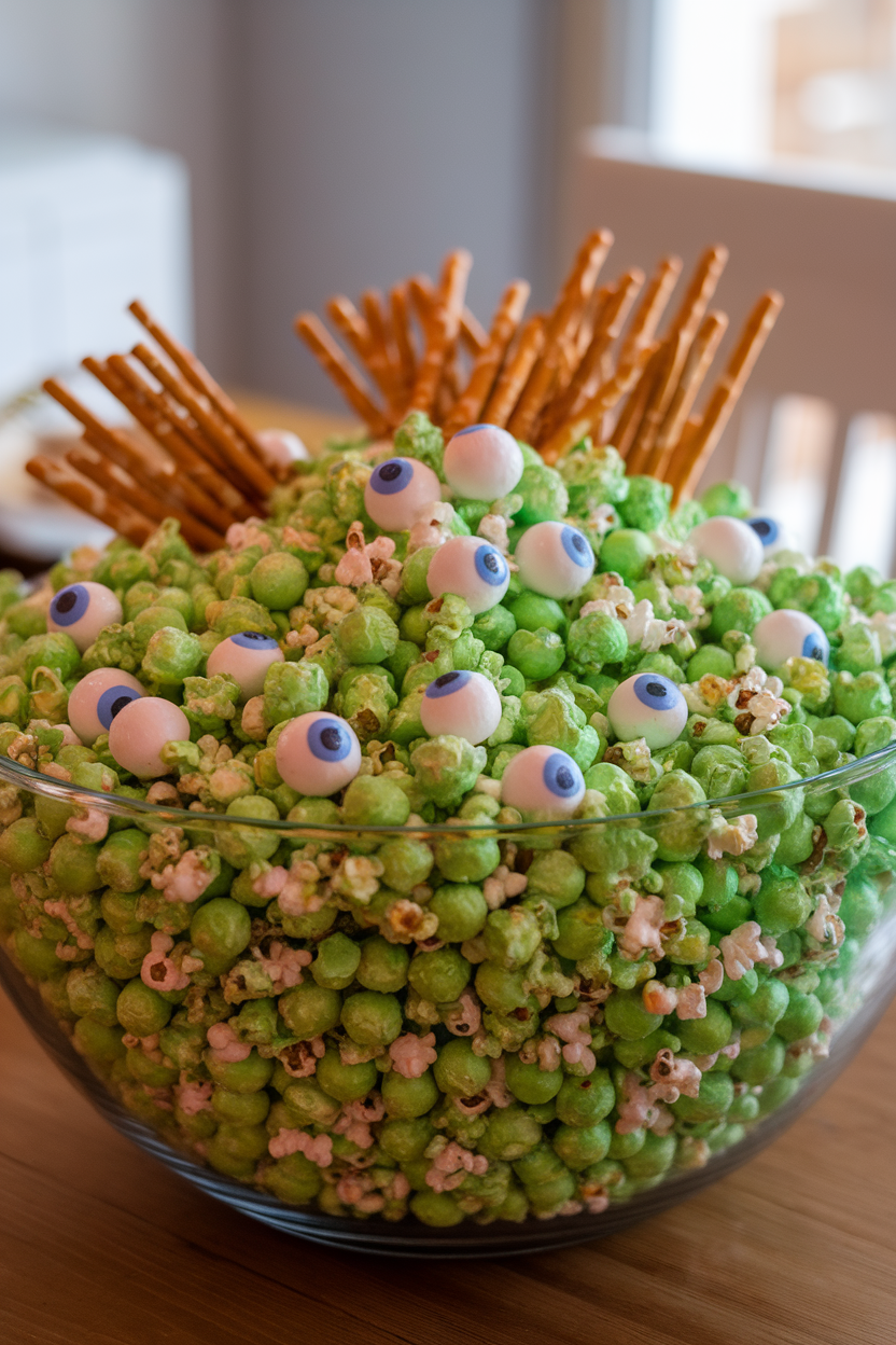 A large indoor bowl brimming with green-tinted popcorn mixed with candy eyeballs and pretzel sticks, no text or logos.
