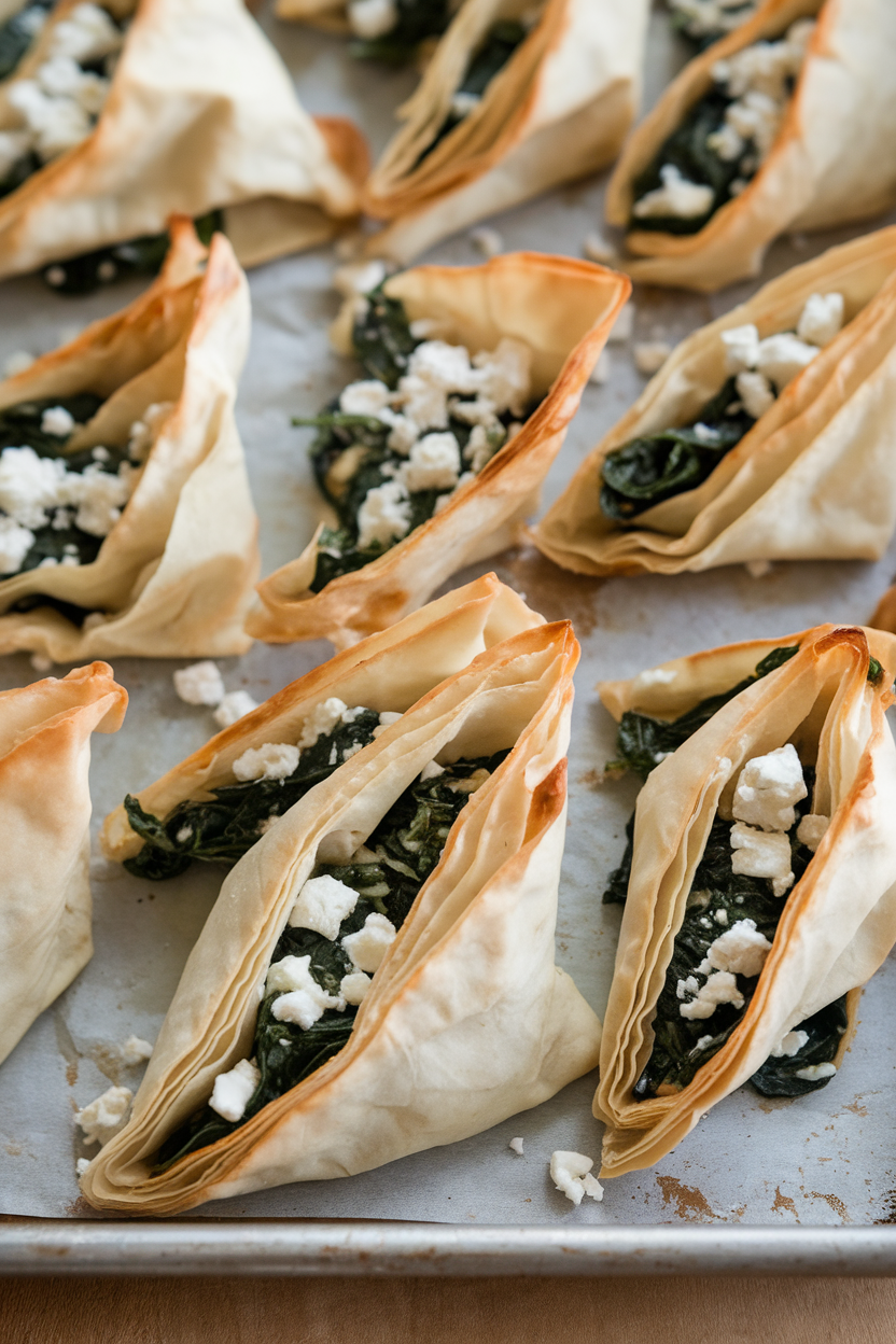 Photo of an indoor baking sheet of flaky phyllo triangles filled with spinach and feta, layers crisp and golden; no text or logos.