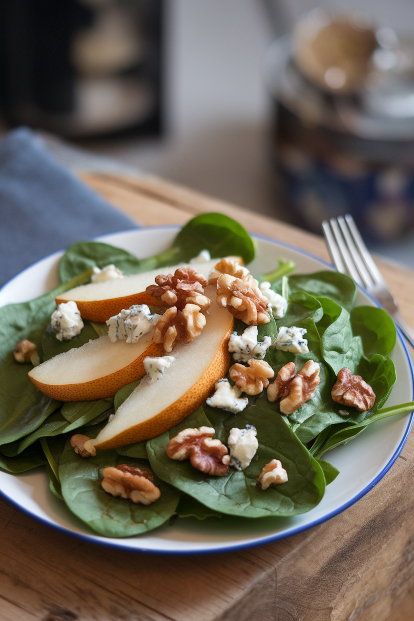 An indoor dining table plate of spinach leaves topped with sliced ripe pear, toasted walnuts, and crumbled blue cheese. Photo, no text or logos.