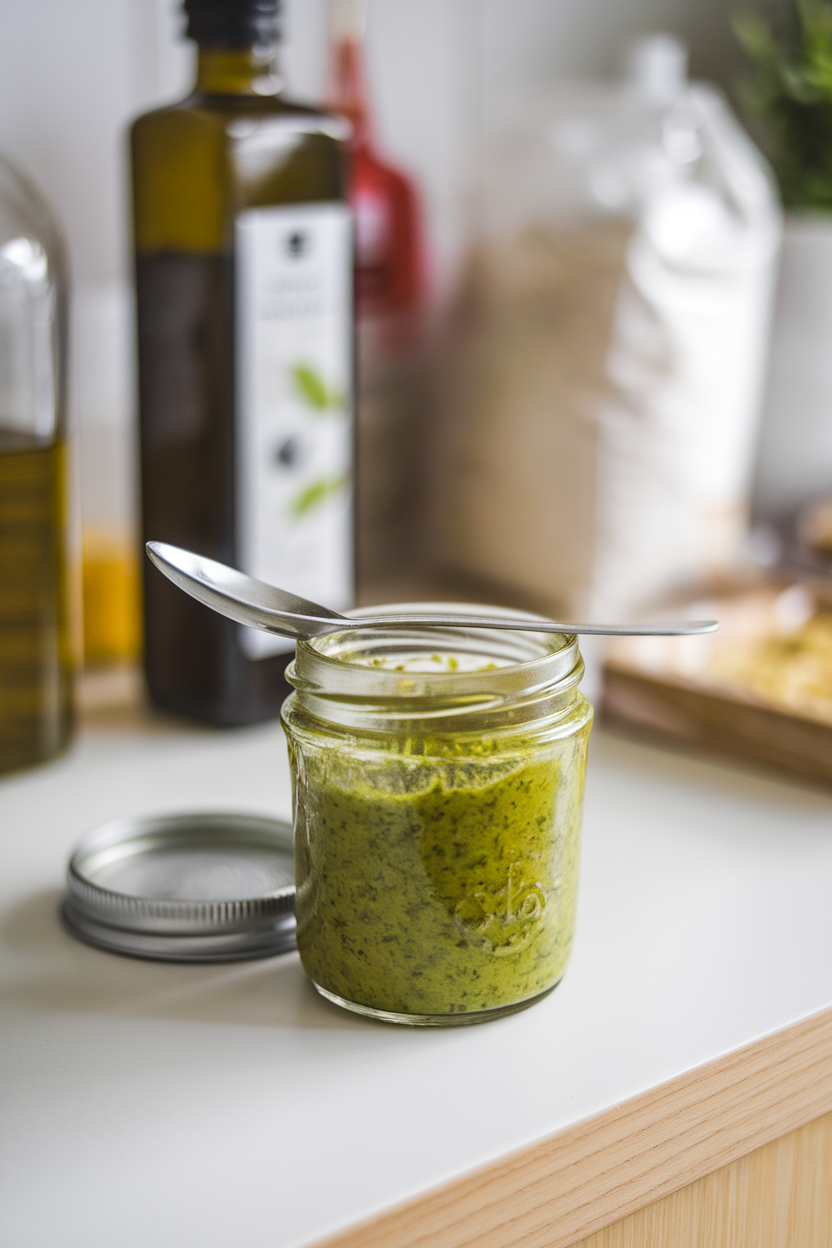 Photo, indoor countertop with a small jar of vivid green pesto, spoon resting on lid, no logos.