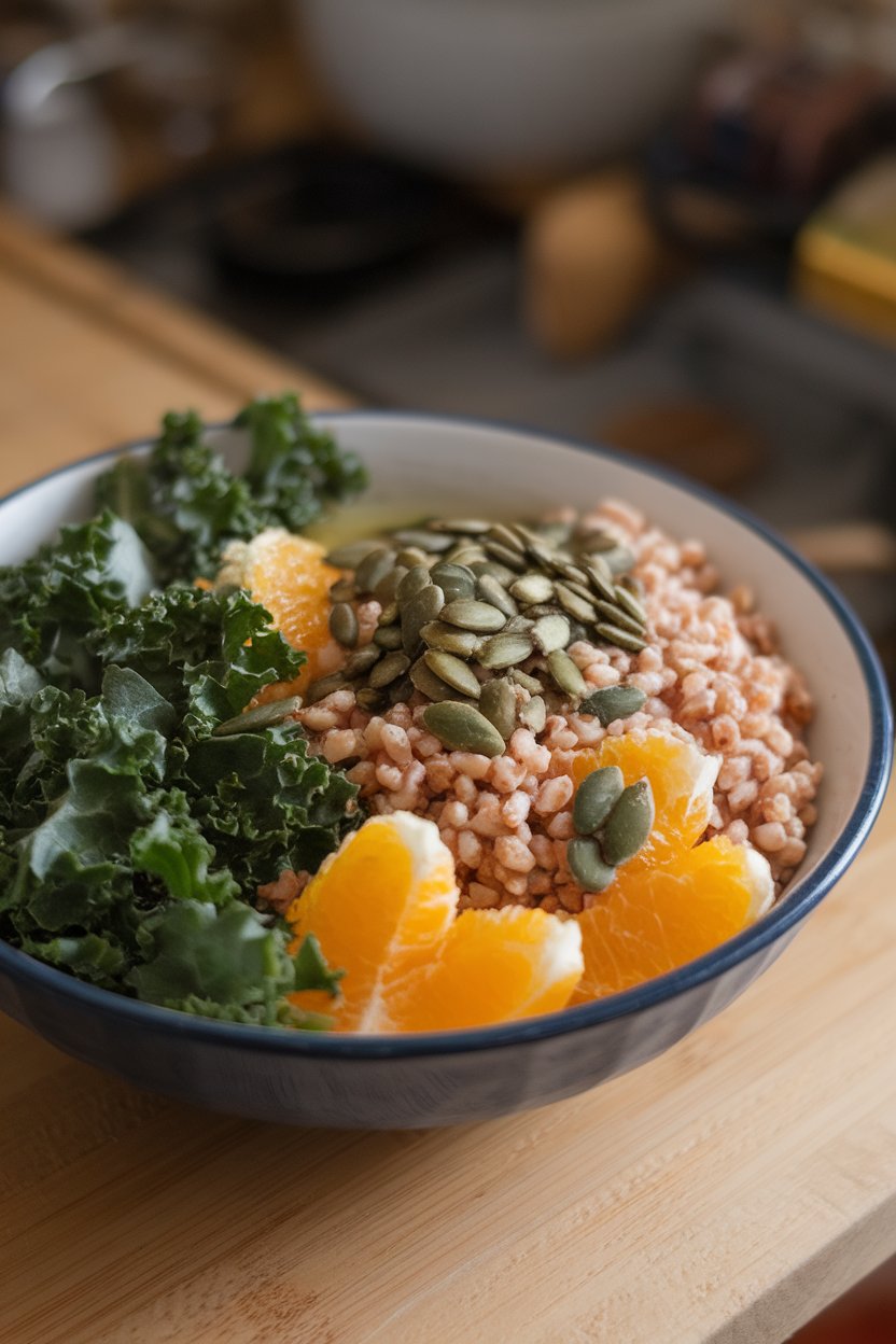 An indoor bowl featuring chopped kale, cooked farro, orange segments, and pumpkin seeds, light vinaigrette visible. No logos or text.