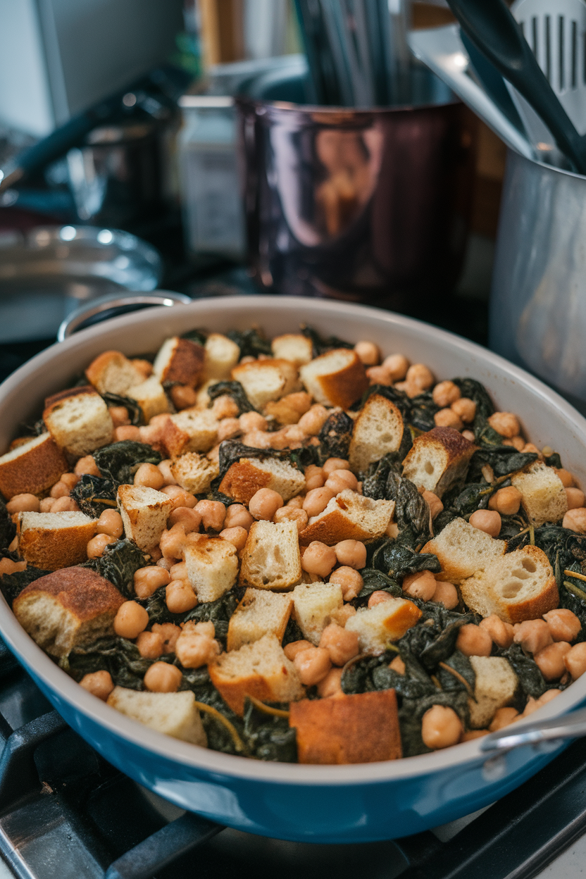 A casserole of bread cubes, chickpeas, and wilted spinach dotted with spices, on an indoor stovetop. No text or logos.