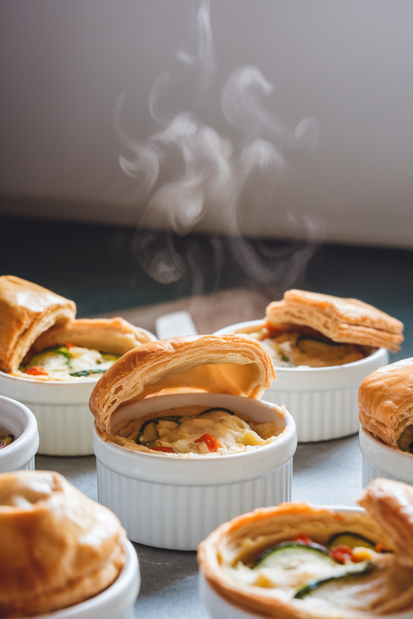 Individual indoor ramekins with puff pastry lids cracked open to reveal creamy vegetable filling, steam drifting upward. No text or logos anywhere.